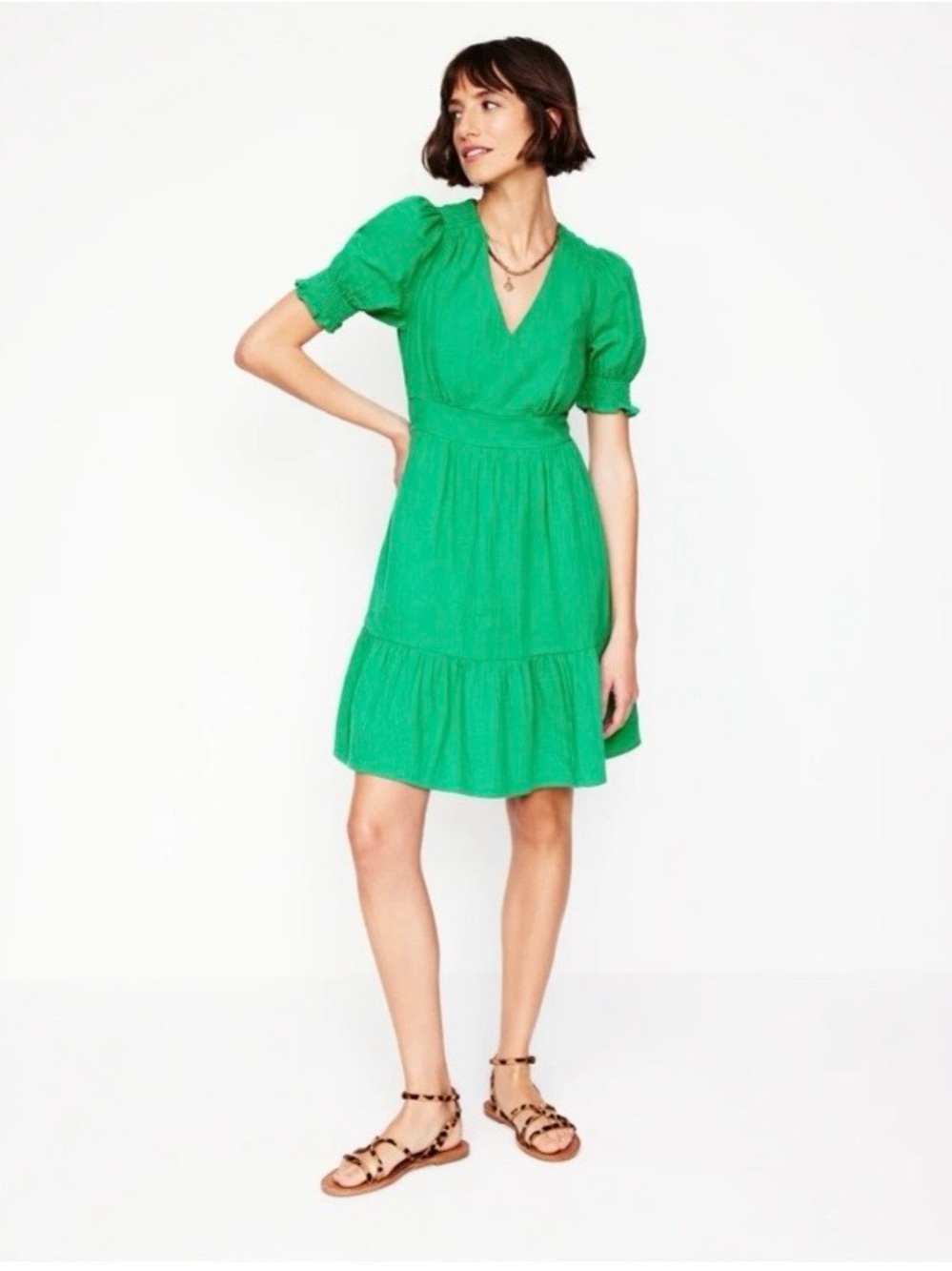 Boden Bright Green V-Neck Tiered Mini Dress